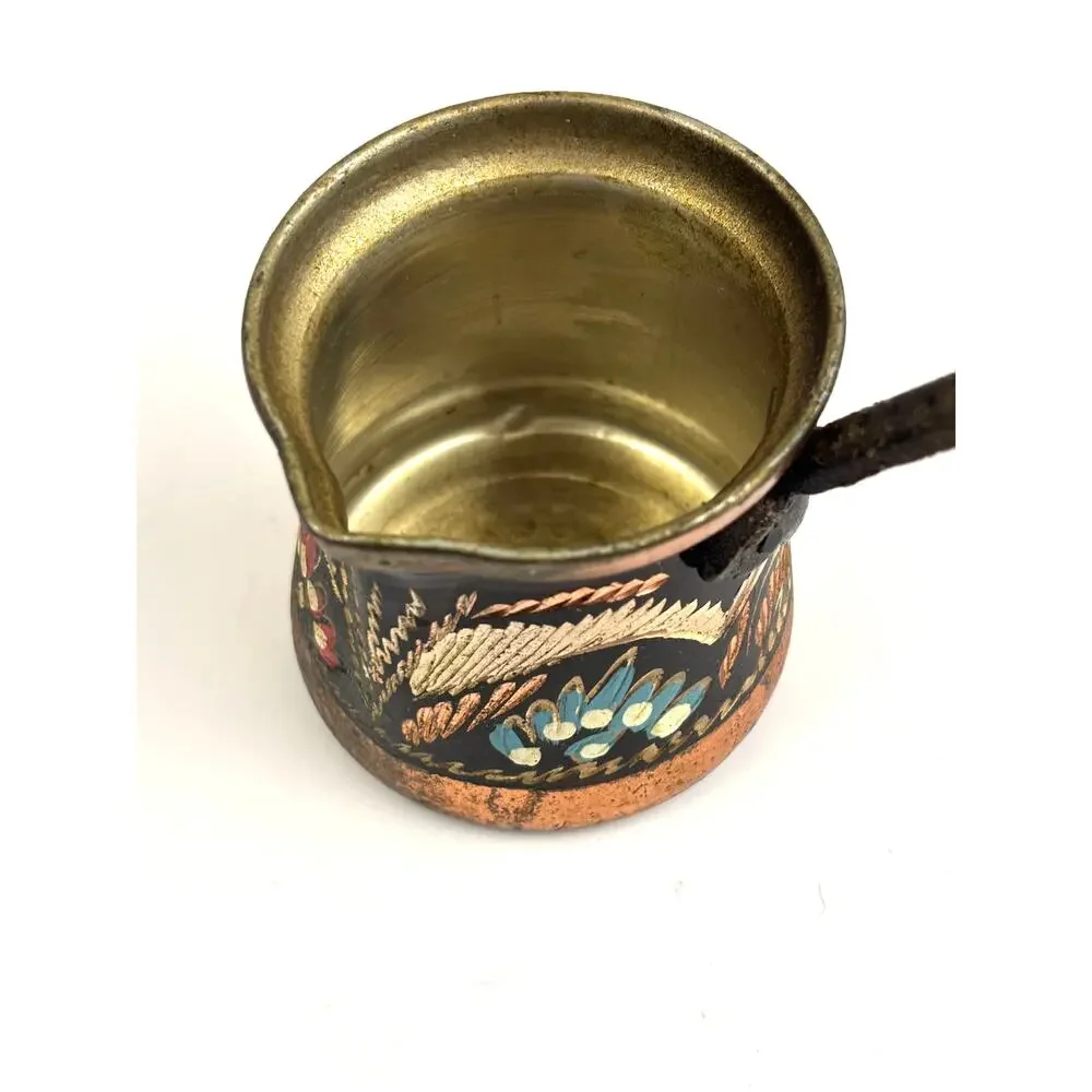 Vintage Turkish Hand Painted Copper Coffee Pot Kettle Decor Cezve Wooden Handle‎